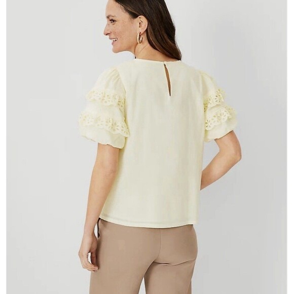 Ann Taylor Pastel Yellow Blouse Top XXL Ruffled Sleeves Crew Neck Cotton Blend - Picture 3 of 10